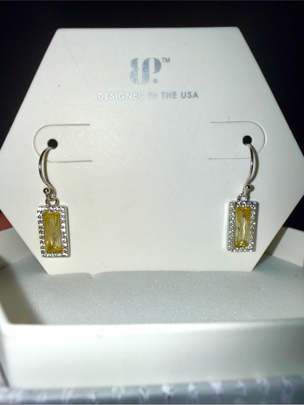 Bomb Party .925 solid sterling silver lemon baguette dangle earrings w/crystals